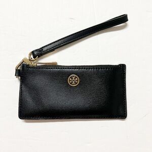 Tory Burch Womens Black Leather Gold Hardware Parker Zip Card Case Wristlet